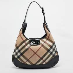 Pre Owned Burberry Black/Beige Nova Check PVC and Patent Leather Brooke Hobo
