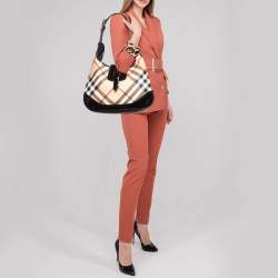 Pre Owned Burberry Black/Beige Nova Check PVC and Patent Leather Brooke Hobo