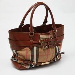 Pre Owned حقيبة يد بربري بريدل لينير جلد وكانفاس كاروهات هاوس أسود/ بيج متوسطة
