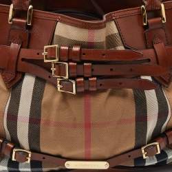 Pre Owned حقيبة يد بربري بريدل لينير جلد وكانفاس كاروهات هاوس أسود/ بيج متوسطة