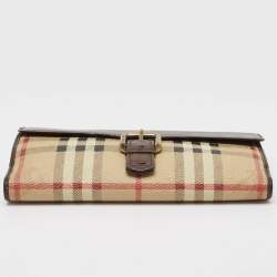 Burberry Brown/Beige Haymarket PVC and Leather Buckle Flap Continental Wallet