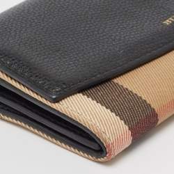 Pre Owned Burberry Black/Beige House Check Canvas and Leather Flap Continental Wallet