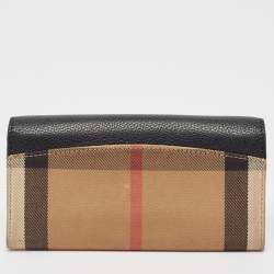 Pre Owned Burberry Black/Beige House Check Canvas and Leather Flap Continental Wallet