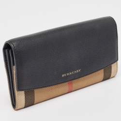 Pre Owned Burberry Black/Beige House Check Canvas and Leather Flap Continental Wallet