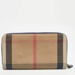 Burberry Navy Blue/Beige House Check Canvas and Leather Zip Continental Wallet