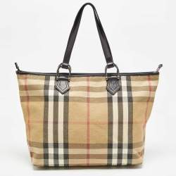 Burberry Beige/Black House Check Shimmer Fabric and Leather Nickie Tote