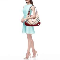 Pre Owned Burberry Burgundy/Beige Nova Check PVC and Patent Leather Brooke Hobo