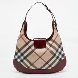 Pre Owned Burberry Burgundy/Beige Nova Check PVC and Patent Leather Brooke Hobo
