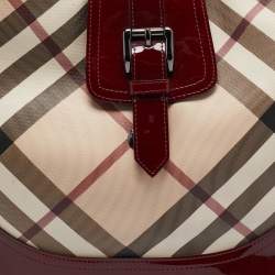 Pre Owned Burberry Burgundy/Beige Nova Check PVC and Patent Leather Brooke Hobo
