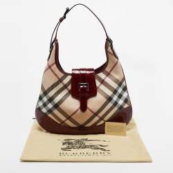 Pre Owned Burberry Burgundy/Beige Nova Check PVC and Patent Leather Brooke Hobo