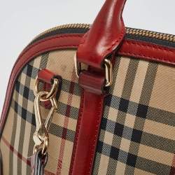 Pre Owned Burberry Beige/Red Haymarket Check Nylon and Leather Small Orchard Bag
