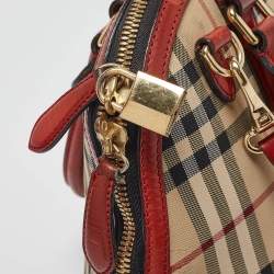 Pre Owned Burberry Beige/Red Haymarket Check Nylon and Leather Small Orchard Bag