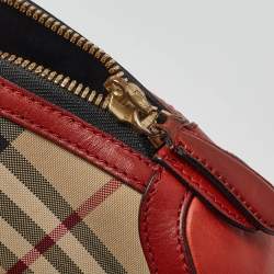 Pre Owned Burberry Beige/Red Haymarket Check Nylon and Leather Small Orchard Bag