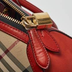 Pre Owned Burberry Beige/Red Haymarket Check Nylon and Leather Small Orchard Bag