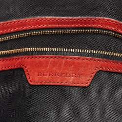 Pre Owned Burberry Beige/Red Haymarket Check Nylon and Leather Small Orchard Bag