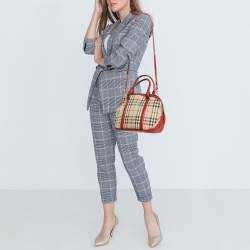 Pre Owned Burberry Beige/Red Haymarket Check Nylon and Leather Small Orchard Bag