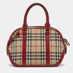 Pre Owned Burberry Beige/Red Haymarket Check Nylon and Leather Small Orchard Bag