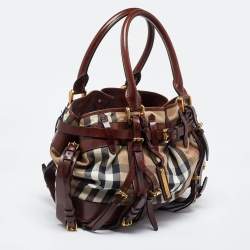 Pre Owned Burberry Brown/Beige House Check Fabric and Leather Tote