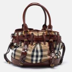 Pre Owned Burberry Brown/Beige House Check Fabric and Leather Tote