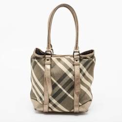Pre Owned Burberry Metallic Beat Check Shimmer Canvas and Leather Snap Tote
