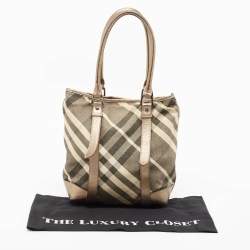 Pre Owned Burberry Metallic Beat Check Shimmer Canvas and Leather Snap Tote