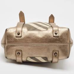 Pre Owned Burberry Metallic Beat Check Shimmer Canvas and Leather Snap Tote