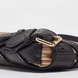 Pre Owned Burberry Brown/Beige Haymarket Coated Canvas and Leather Stipe Long Shoulder Bag