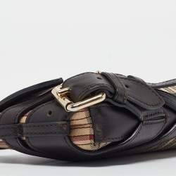 Pre Owned Burberry Brown/Beige Haymarket Coated Canvas and Leather Stipe Long Shoulder Bag