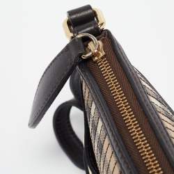 Pre Owned Burberry Brown/Beige Haymarket Coated Canvas and Leather Stipe Long Shoulder Bag