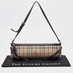 Pre Owned Burberry Brown/Beige Haymarket Coated Canvas and Leather Stipe Long Shoulder Bag