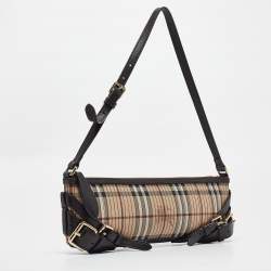 Pre Owned Burberry Brown/Beige Haymarket Coated Canvas and Leather Stipe Long Shoulder Bag