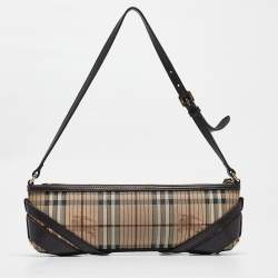 Pre Owned Burberry Brown/Beige Haymarket Coated Canvas and Leather Stipe Long Shoulder Bag