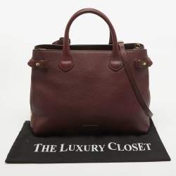 Burberry Burgundy/Beige Leather and House Check Fabric Medium Banner Tote