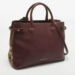 Burberry Burgundy/Beige Leather and House Check Fabric Medium Banner Tote