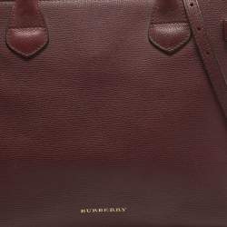 Burberry Burgundy/Beige Leather and House Check Fabric Medium Banner Tote