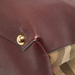 Burberry Burgundy/Beige Leather and House Check Fabric Medium Banner Tote