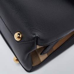Pre Owned Burberry Black/Beige Leather and House Check Fabric Small Camberley Top Handle Bag