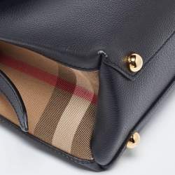 Pre Owned Burberry Black/Beige Leather and House Check Fabric Small Camberley Top Handle Bag