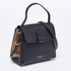 Pre Owned Burberry Black/Beige Leather and House Check Fabric Small Camberley Top Handle Bag