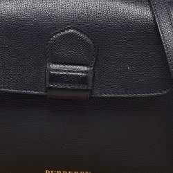 Pre Owned Burberry Black/Beige Leather and House Check Fabric Small Camberley Top Handle Bag