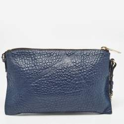 Pre Owned Burberry Navy Blue Grain Check Embossed Leather Peyton Crossbody Bag