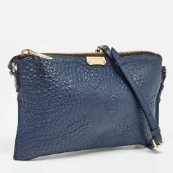 Pre Owned Burberry Navy Blue Grain Check Embossed Leather Peyton Crossbody Bag