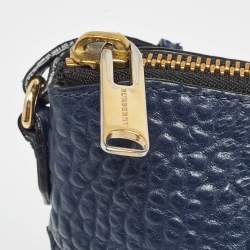 Pre Owned Burberry Navy Blue Grain Check Embossed Leather Peyton Crossbody Bag