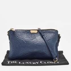 Pre Owned Burberry Navy Blue Grain Check Embossed Leather Peyton Crossbody Bag