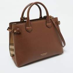Pre Owned Burberry Brown Leather and House Check Fabric Medium Banner Tote