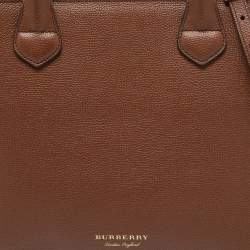 Pre Owned Burberry Brown Leather and House Check Fabric Medium Banner Tote