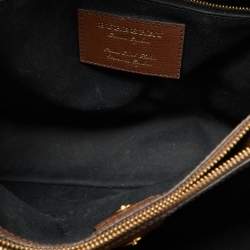 Pre Owned Burberry Brown Leather and House Check Fabric Medium Banner Tote