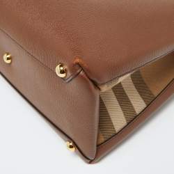 Pre Owned Burberry Brown Leather and House Check Fabric Medium Banner Tote