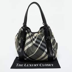 Pre Owned Burberry Black Beat Check Nylon and Patent Leather Large Victoria Tote