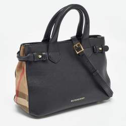 Pre Owned Burberry Black/Beige Leather and House Check Canvas Small Banner Tote